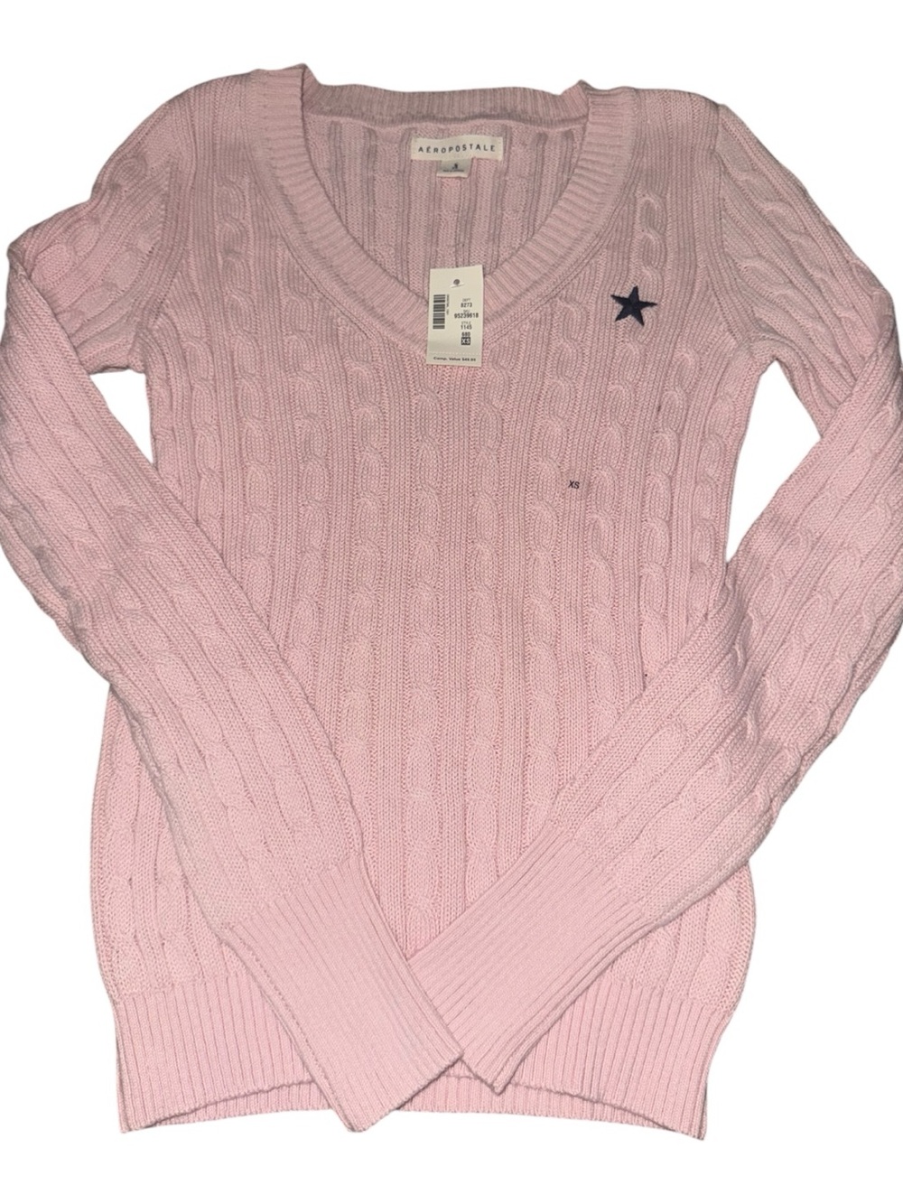 Aeropostale Light Pink Cable-Knit V-Neck Sweater with Star Accent